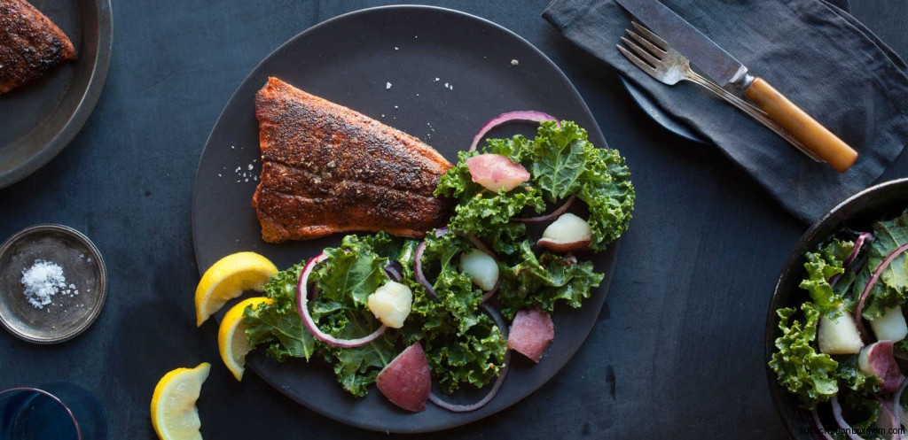 Berbere Salmon with New Potatoes and Kale
