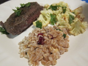 Warm Farro Salad, Spice Rubbed Flat Iron Steak with Roasted Cauliflower