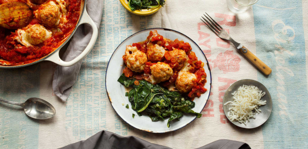 Baked Chili Chicken Meatballs with Chard and Peppers