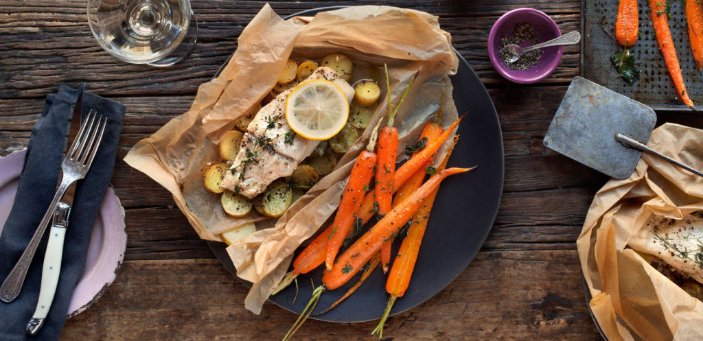 Pollock in Parchment with Potatoes and Roasted Carrots