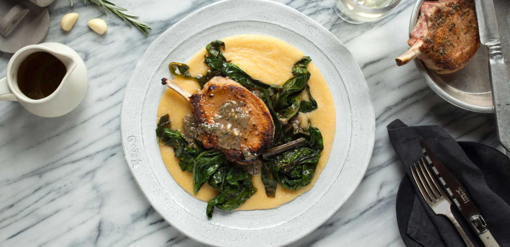 Roasted Pork Chops with Anchovy Sauce, Chard and Polenta