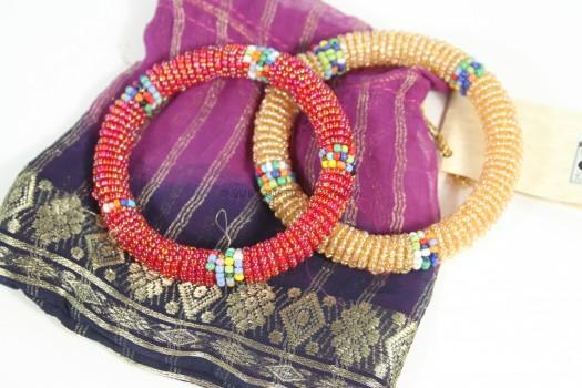 Jedando African Handicrafts Maasai Bangles Pair with Upcycled Sari Pouch 