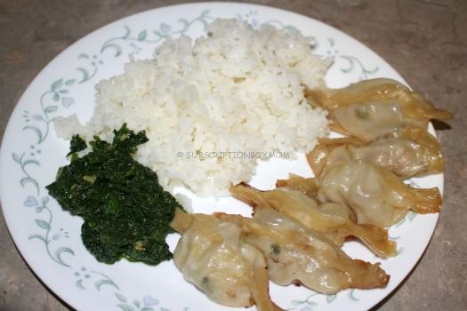 Dim Sum Pork Dumplings with Spicy Sesame Spinach and Rice