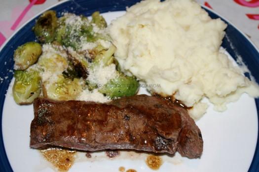 Sherry Wine Demi-Glace Flat-Iron Stead with Whipped Potatoes and Balsamic Brussels Sprouts: