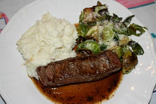 Sherry Wine Demi-Glace Flat Iron Steak with whipped potatoes and balsamic Brussels sprouts