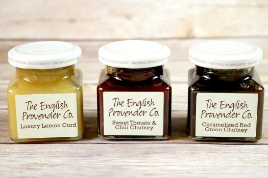 The English Provender Co: Luxury Lemon Curd, Sweet Tomato & Chili Chutney and Carmelized Red Onion Chutney.