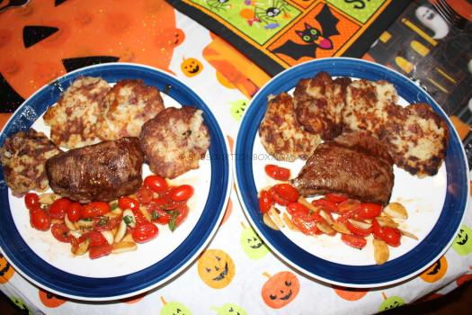 Pan-Seared Steak with Garlic-Tomato Sauce and crispy Parmesan potato cakes