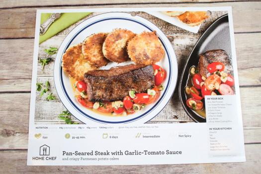 Pan-Seared Steak with Garlic-Tomato Sauce and crispy Parmesan potato cakes