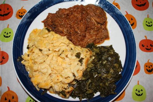 Pulled Pork with Mac + Cheese and Collard Greens