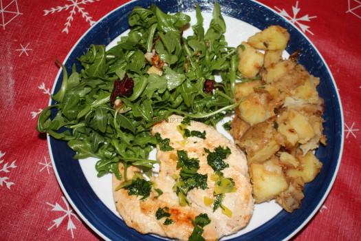 Lean Mean Chicken And Greens with Rosemary Potatoes and Gremolata