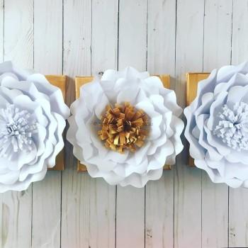 Gorgeous White and Gold Paper Flowers on Canvas 