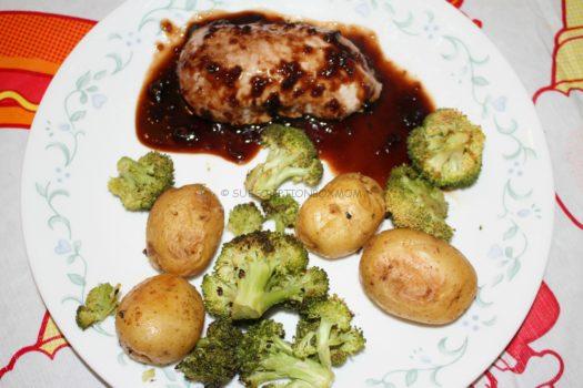 Cherry Balsamic Pork Chip with Roasted Potatoes and Broccoli