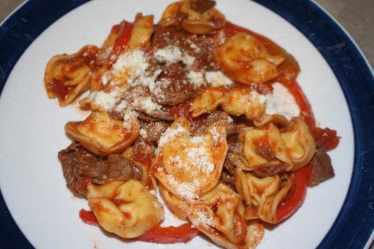 Steak Strip Tortellini Marinara with red peppers