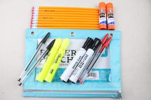 Pencil Pouch, Highlighters, Dry Erase Markers, Glue Stick, Pens and Pencils