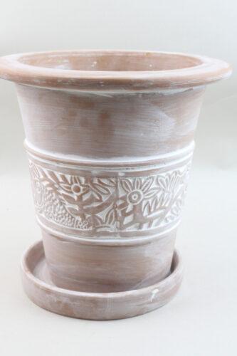 Whitewashed Terracotta Floral Planter with Saucer