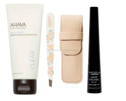 Summer & Rose Tweezer with Pouch, AHAVA Refreshing Facial Cleansing Gel & Aesthetica Liquid Eyeliner Bundle ($58 Value)
