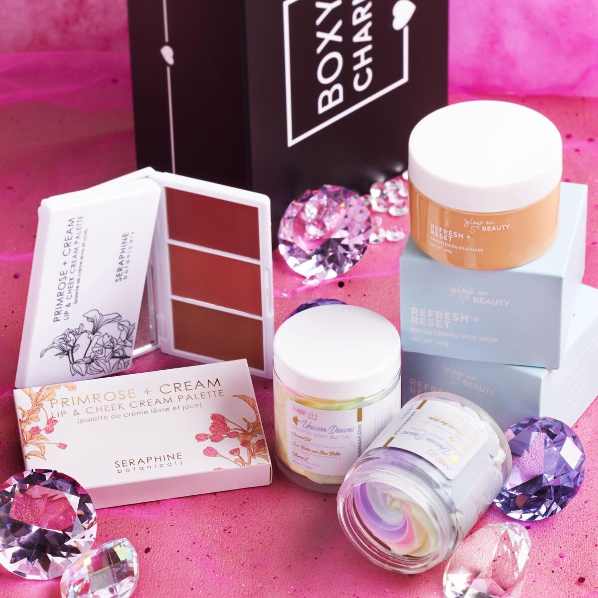 October Base products include Seraphine Botanicals Primrose + Cream Lip & Cheek Cream Palette, Glow on 5th Beauty Refresh + Reset Brightening Mud Mask, and AMNH SKIN CARE Skincare Unicorn Dreams Whipped Body Butter. 